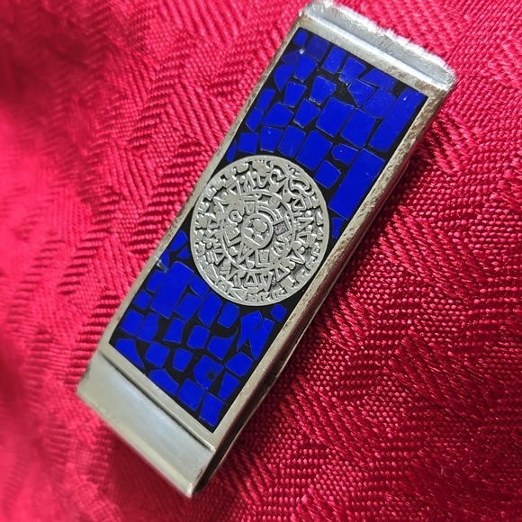 Vintage 925 Sterling Silver & Lapis Money Clip, Aztec Symbol. - Picture 1 of 9
